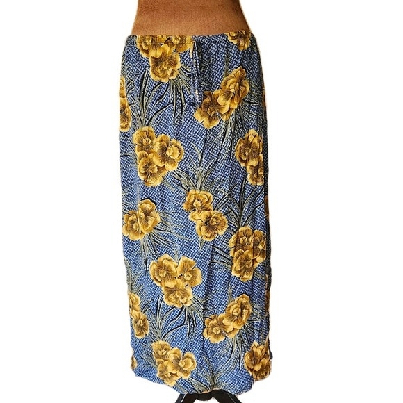 90s Kathy Lee‎ Skirt Lightweight Floral Tropical Beachy Blue Yellow Elastic M - Picture 1 of 7
